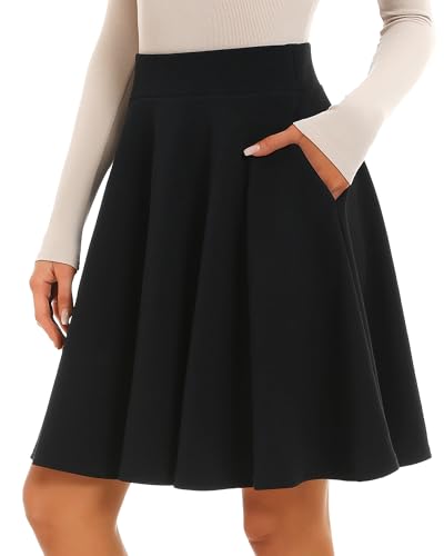 Stelle Women's 21" Knee Length Skirts with Pockets Casual Basic Midi Skirt Stretchy A-Line Skater Flared Pleated (Black,L)