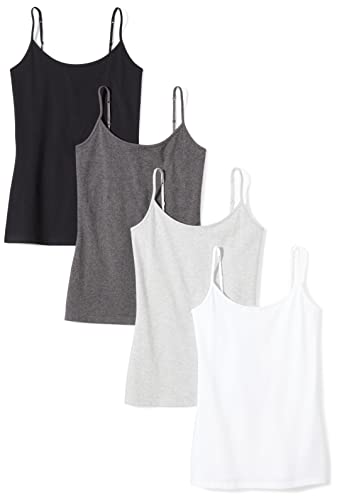 Amazon Essentials Women's Slim-Fit Camisole for Layering and Everyday Wear, Pack of 4, Black/Charcoal Heather/Light Grey Heather/White, Medium