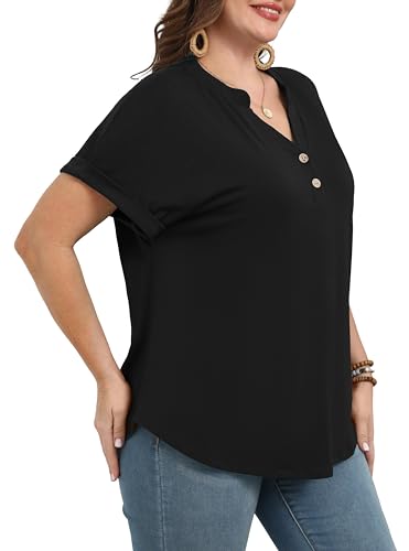 OLRIK Women Plus Size Summer Tops Trendy Button Down V Neck Loose Fit Shirts Short Sleeve Blouses Business Casual Loose Tunics Black-3X