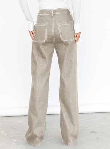 Dokotoo Women's Casual Mid Waist Cargo Jeans Baggy Wide Leg Denim Pants Apricot Size 10