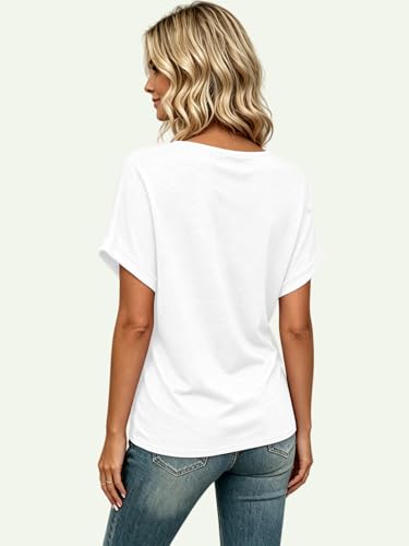 EyMuse T Shirts Short Sleeve V Neck Tees Womens Fashion Tops Loose Fit Lightweight Casual Summer Outfits Clothes 2026 White,XL