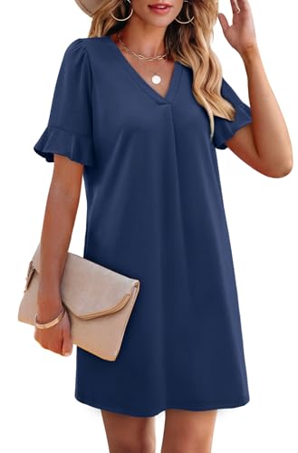 OFEEFAN Navy Dresses for Women Flowy Ruffle V Neck Rehearsal Dinner Dresses for Women with Pockets XL
