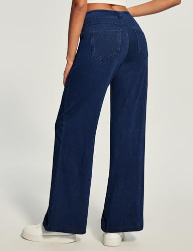Heathyoga Wide Leg Jeans Woman High Waist Pull On Baggy Jeans for Women Stretchy Jean Pants Straight Leg Denim Pants Petite Dark Blue