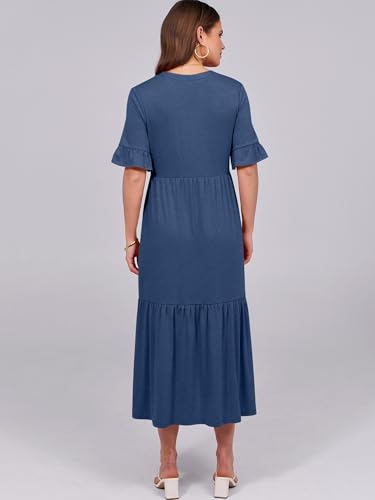 ANRABESS Womens Summer Maxi Dresses Casual Ruffle Short Sleeve V Neck Flowy Tiered 2026 Spring T Shirts Beach Boho Dress Blue Medium