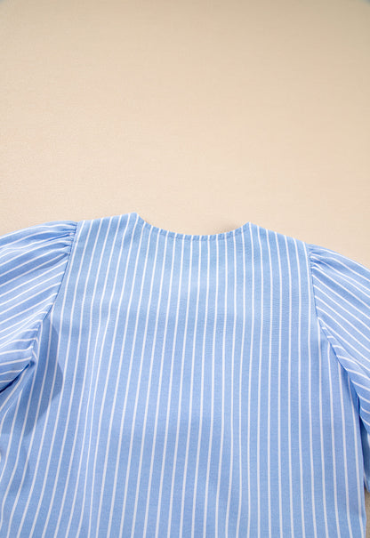 Striped Bowknot Detail Puff Sleeve Top and Shorts Set