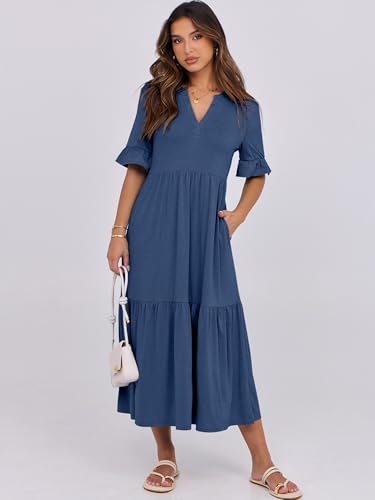 ANRABESS Womens Summer Maxi Dresses Casual Ruffle Short Sleeve V Neck Flowy Tiered 2026 Spring T Shirts Beach Boho Dress Blue Medium