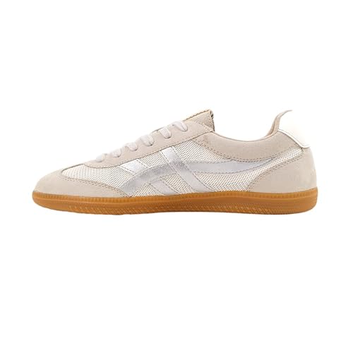 SHUSHOP Womens Sasha Metallic Lace Up Sneakers Shoes Casual - Beige, Silver - Size 7 M