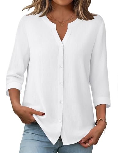 Zeagoo White Button Down Shirt Women 3/4 Sleeve Linen Button Up Blouse Cotton Tops Dressy Casual Outfits 2026 White L