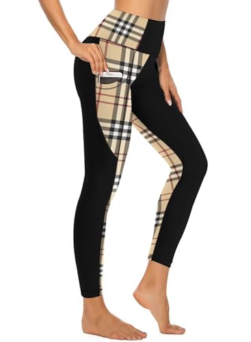 American Flag Pants - QIVICIMA Womens High Waist Workout Leggings Halloween Christmas Gym Plaid Printed Tummy Control Yoga Pants with Pockets Plaid Black