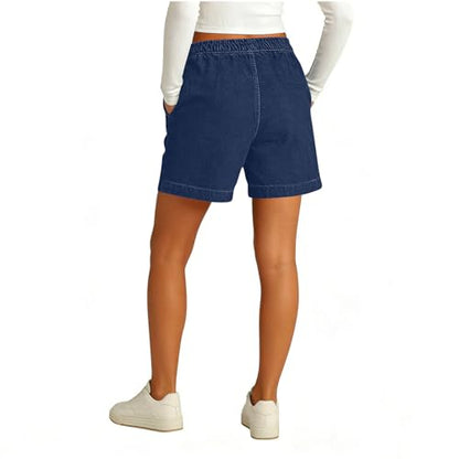 LRMQS Jean Shorts Womens Stretchy High Waisted Lightweight Summer Casual Loose Pull on Trendy Drawstring Denim Shorts