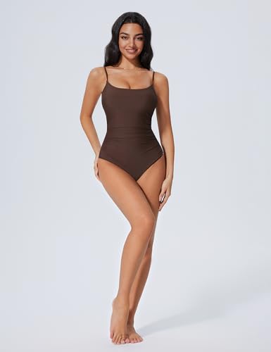 SUUKSESS Women Sexy One Piece Tummy Control Swimsuit Scoop Neck Slimming Swimwear 2025 Crisscross Backless Bathing Suit(Brown,Medium)