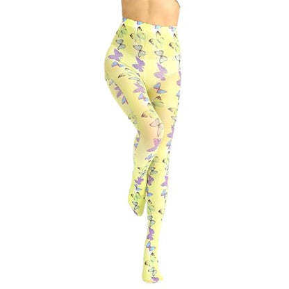 Generic Women's Patterned Tights with Design Colorful and Dazzling Pantyhose Sheer Stockings (One Size,Yellow Butterfly)