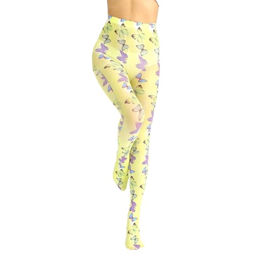 Generic Women's Patterned Tights with Design Colorful and Dazzling Pantyhose Sheer Stockings (One Size,Yellow Butterfly)