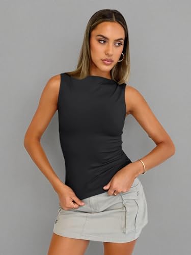 Trendy Queen Women Going Out Casual Tank Tops Spring Summer Basic Cute 2024 Sleeveless Shirt Y2K Fashion Outfit Clothes Black M