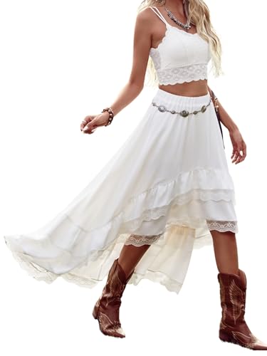 Verdusa Women's Western Cowgirl Lace Skirt Boho Asymmetrical Skirts Country Concert Outfits White X-Small