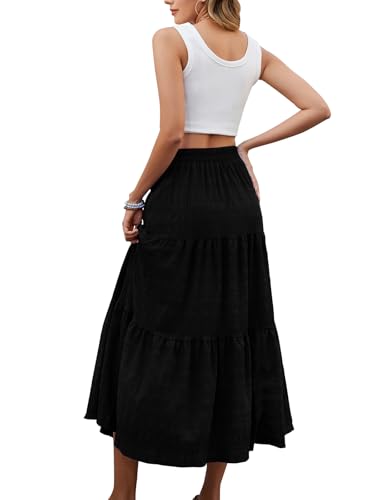 HUSKARY Skirts for Women Trendy Summer Casual High Waisted Flowy Maxi Skirt Spring Loose Tiered Layered Beach Skirt,Black,Large