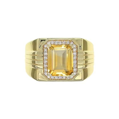 CTIEIP 10K 14K 18K Gold Men's 3 Carat Emerald Cut Citrine Engagement Ring with Diamonds Emerald Cut Citrine Wedding Anniversary Ring for Men Size 4-16