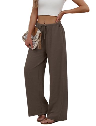 Sampeel Wide Leg Pants Woman Flowy Pants Elastic Waist Trousers Business Casual Outfits Work Linen Clothes Summer Travel Comfiest Airport Outfits Luxury 2026 Chocolate Brown Clothes L
