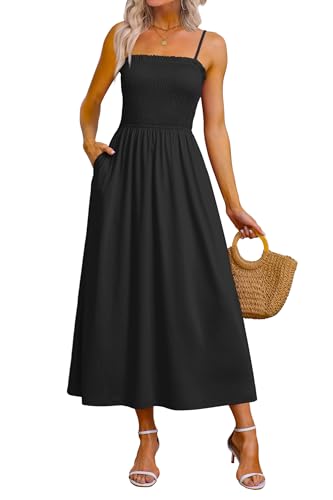 OFEEFAN Womens Spaghetti Strap Maxi Dresses Smocked with Pockets 2026 Summer Spring Casual Boho Beach Long Sundresses
