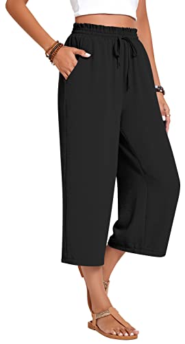 Anyhold Womens Plus Size Capri Pants Loose High Waisted Wide Leg Lounge Pants Drawstring Casual Palazzo Trousers with Pockets 2X-Large, Black