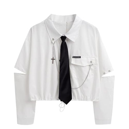 Women's Alt Emo Gothic Blouse Button Down Shirt Aesthetic Japanese Harajuku Streetwear Techwear Preppy Clothes (White,Small)