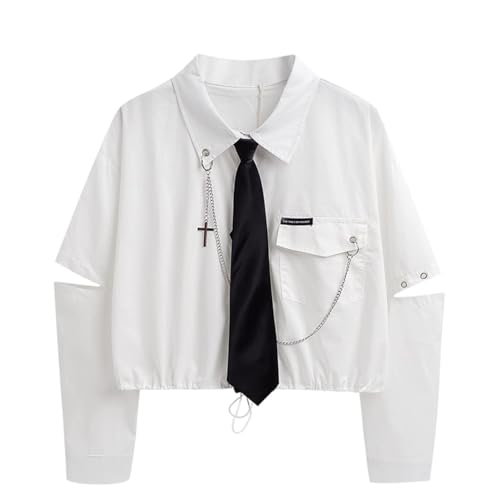 Women's Alt Emo Gothic Blouse Button Down Shirt Aesthetic Japanese Harajuku Streetwear Techwear Preppy Clothes (White,Small)