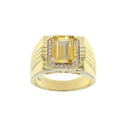 CTIEIP 10K 14K 18K Gold Men's 3 Carat Emerald Cut Citrine Engagement Ring with Diamonds Emerald Cut Citrine Wedding Anniversary Ring for Men Size 4-16