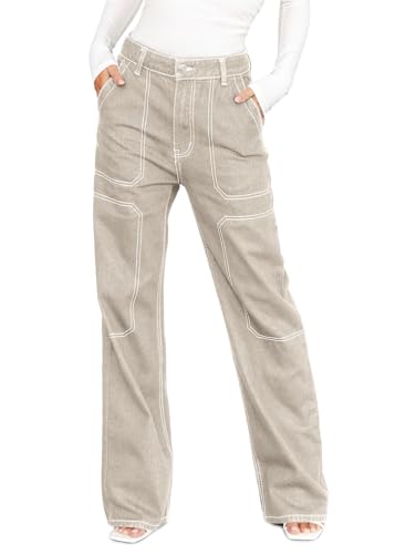 Dokotoo Women's Casual Mid Waist Cargo Jeans Baggy Wide Leg Denim Pants Apricot Size 10