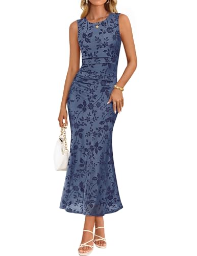 ZESICA Women's Sleeveless Floral Bodycon Maxi Dress 2026 Summer Ruched Mesh Wedding Guest Cocktail Party Dresses Dustyblue Small