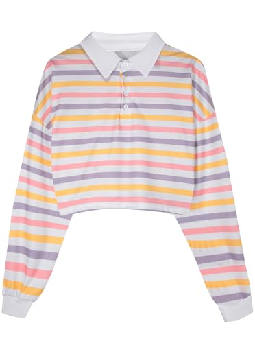 Natalie Winters Dress - Remidoo Women's Collared Half Button Long Sleeve Striped Crop Top Sweatshirt Pink Red