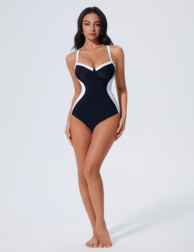 SUUKSESS Womens Tummy Control Slimming One Piece Swimsuits Sexy V Neck Crisscross Back Bathing Suits Push up Swimwear(Black,Medium)