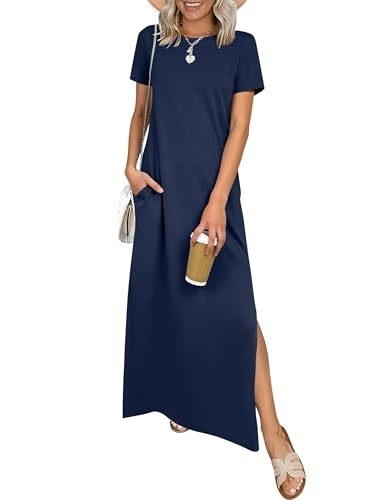 ANRABESS Womens Summer Casual Maxi Dress Short Sleeve Crewneck Split Wrinkle-Free Travel Long Sundress Beach Vacation Clothes Navy Blue Medium