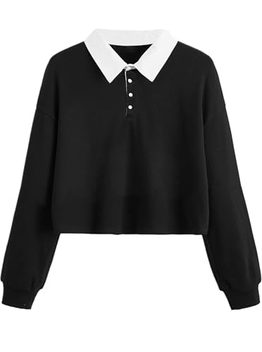 Natalie Winters Dress - Remidoo Women's Collared Half Button Long Sleeve Striped Crop Top Sweatshirt Large Cs-black