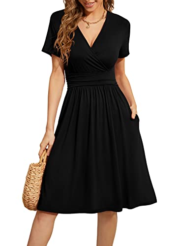 WEACZZY Summer Dress for Women Casual Short Sleeve Black Dresses Wrap V-Neck Party Dress with Pockets,Black,XL