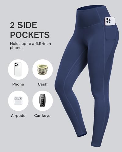 CHRLEISURE Leggings with Pockets for Women - Tummy Control High Waisted Soft Workout Yoga Pants（Navy,XL）