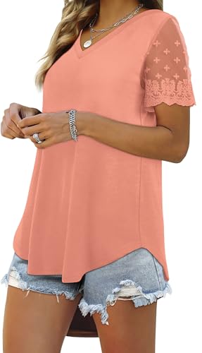 OFEEFAN Womens Spring Fashion 2025 T Shirt Dressy Casual Cute Top Basic Tee Shirts Cozy Coral L