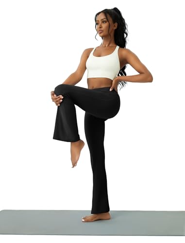 COPYLEAF Womens Yoga Pants with Pockets High Waisted Flare Leggings Bell Bottom Yoga Dress Pants Seamless Bootcut Pants(Black L)
