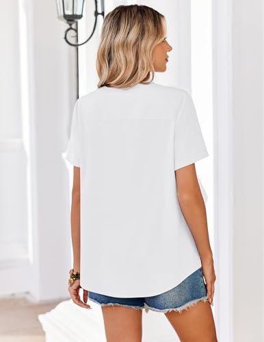 Zeagoo Blouses for Women Short Sleeve Tops Business Button Down Shirt Casual Vneck Work Outfits Dressy Collared Basic Clothes White