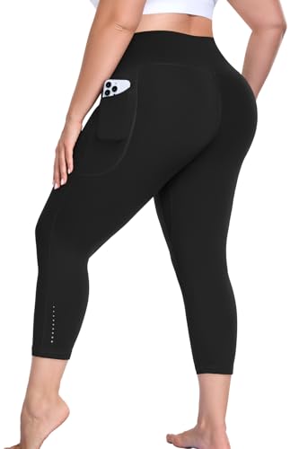 Plus Size Capri Leggings for Women with Pockets, Black Workout Capris Tummy Control, Stretch Yoga Pants High Waisted, Thick Gym Compression Activewear, Athletic Exercise Cropped Petite Leggings 3XL