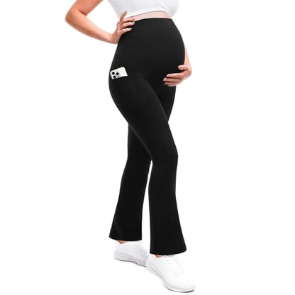 Leafigure Maternity Flare Leggings with Pockets Over The Belly Yoga Pants for Workout Soft Pregnancy Activewear Black XL