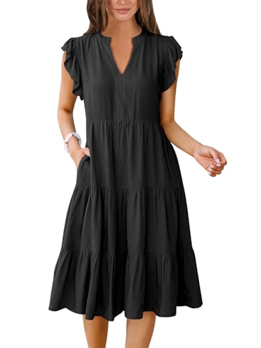 ANRABESS Womens Summer Dress Ruffle Sleeve V Neck Midi Dresses Fashion Casual Fit Flowy Tiered Boho Beach Vacation Sundress Black-M