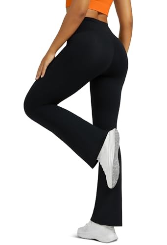 Boerfmian Flare Leggings for Women Yoga Pants with Pockets High Waisted Crossover Flare Leggings Bootcut Casual Yoga Pants Black