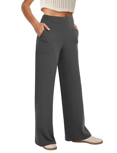 COPYLEAF Wide Leg Pants Woman High Waist Yoga Pants with Pockets Loose Stretch Dress Work Sweatpants Casual Lounge(Dark Grey M)