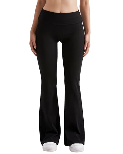 MOOSLOVER Women Flare Leggings Fold Over Bootcut Yoga Pants Casual Y2K Lounge Pants Comfy Cotton Leggings(M,Black)