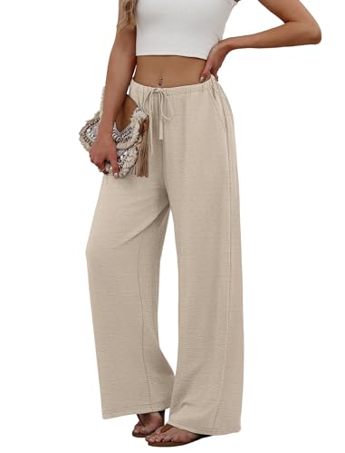 Sampeel Linen Pants Women Wide Leg Palazzo Pants Flowy Beach Vacation Clothes Spring Casual Summer Outfits Vacation Cruise 2026 Fashion Clothing Boho Luxury Airport Outfits Trouser Khaki M