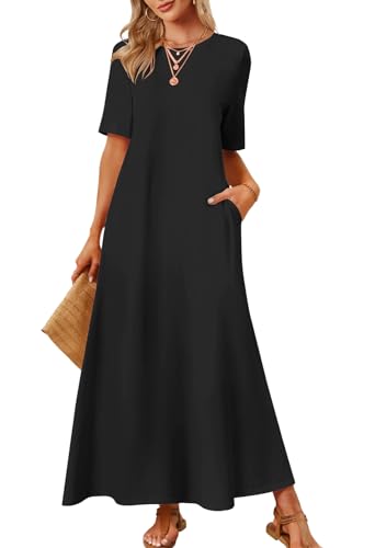 MEROKEETY Summer Casual Maxi Dresses for Women 2026 Vacation Crew Neck Short Sleeve Modest Long T Shirt Dress with Pockets, Black, X-Large