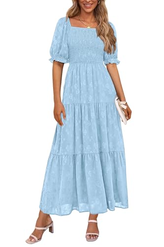 PRETTYGARDEN Women's 2026 Summer Casual Midi Dresses Square Neck Short Sleeve Smocked A Line Floral Flowy Elegant Boho Dress (Light Blue,Small)