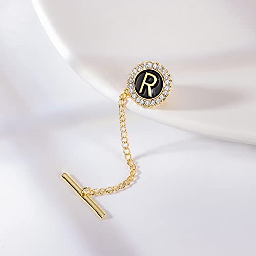 HAWSON Men's Tie Tack With Chain, Gold Initial Tie Pin, Crystal Lapel Pin Accessories