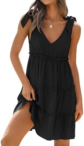 Sundresses - ZESICA Womens Summer Casual V Neck Sleeveless Mini Dress Tie Shoulder Tiered Ruffle Swing A Line Short Sundresses Black