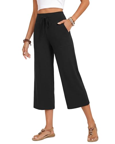 ZOOSIXX Capri Pants for Women - Palazzo Pants Casual Wide Leg Trousers with Pockets Summer High Waisted Drawstring Pants Black